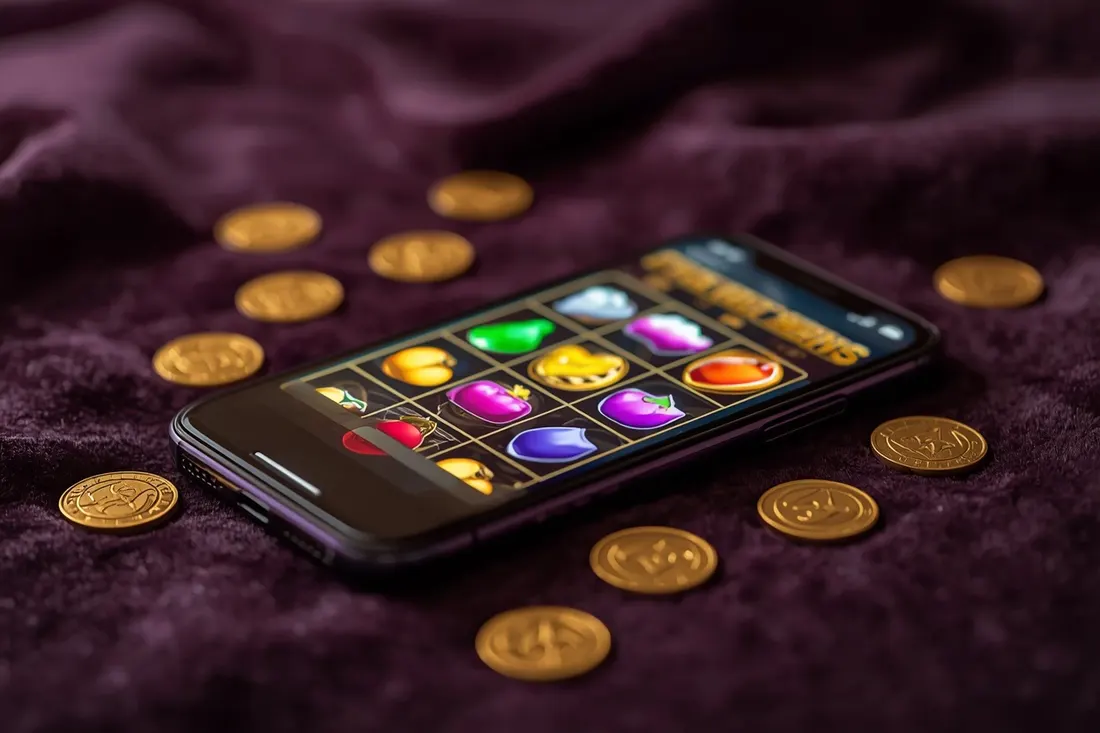 Phone showing an online slot with fruit and gem symbols Phone showing an online slot with fruit and gem symbols