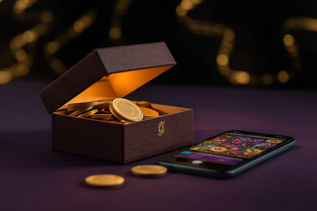 Gift box with chips next to a phone with a slot game Gift box with chips next to a phone with a slot game