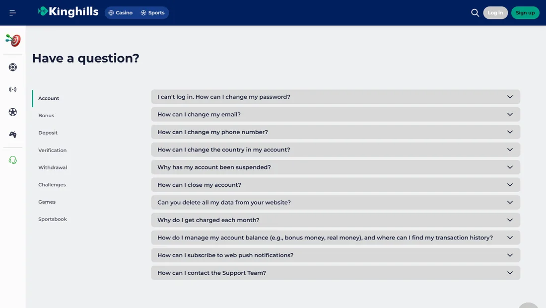 Kinghills Casino help page titled Have a question with topic tabs and a list of account questions Kinghills Casino help page titled Have a question with topic tabs and a list of account questions