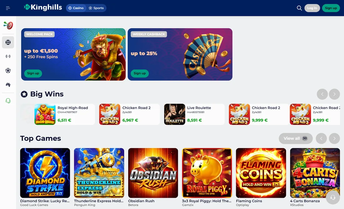 Kinghills Casino lobby with the Casino and Sports tabs, the Welcome pack and Weekly cashback banners, the Big Wins strip and a row of Top Games Kinghills Casino lobby with the Casino and Sports tabs, the Welcome pack and Weekly cashback banners, the Big Wins strip and a row of Top Games