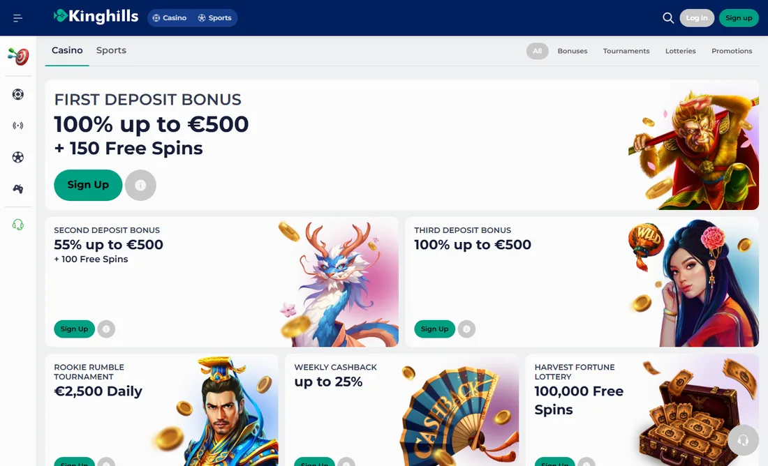 Kinghills Casino promotions page with the first, second and third deposit bonus banners and the weekly cashback, tournament and lottery cards