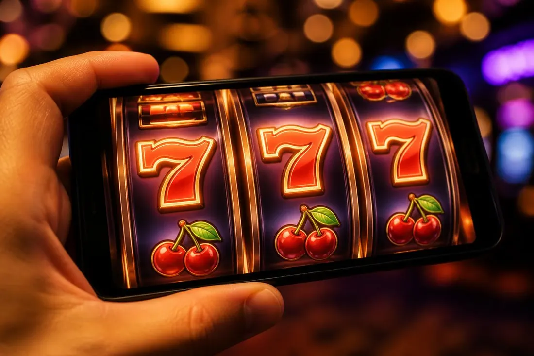 Hand holding a phone with slot reels on the screen