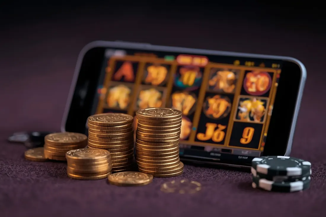 Gold coins stacked next to a phone with slot reels Gold coins stacked next to a phone with slot reels