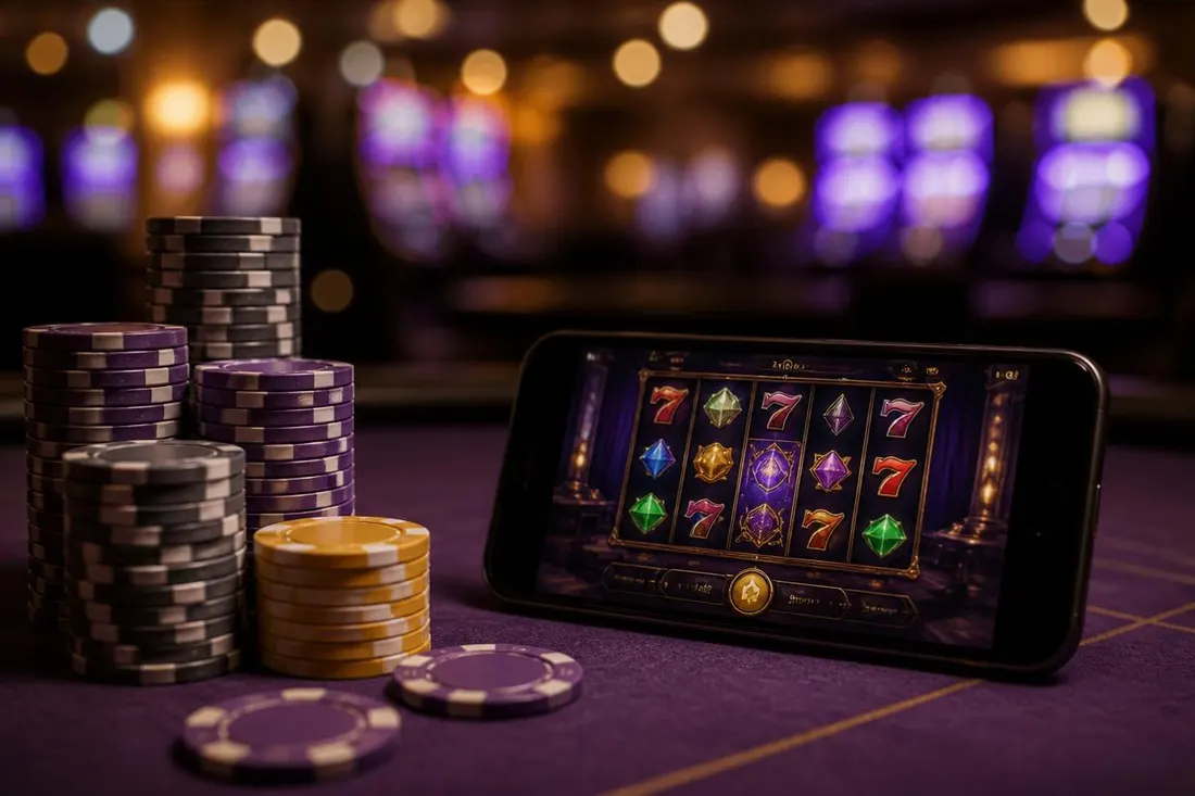 Casino chips stacked next to a phone with a slot game Casino chips stacked next to a phone with a slot game