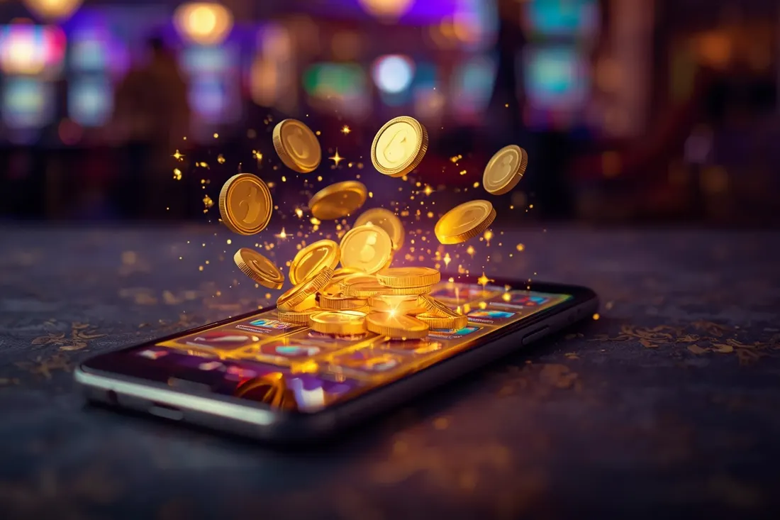 Gold coins bursting out of a phone with a slot game